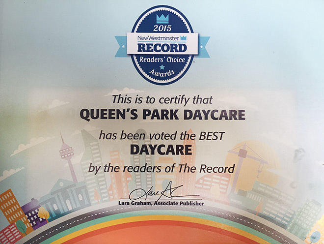 Best Daycare in New Westminster Award for Queens Park Daycare!